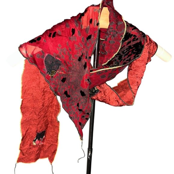 Art to Wear red burgundy Devore Burbout Velvet applique silk scarf - Picture 4 of 5